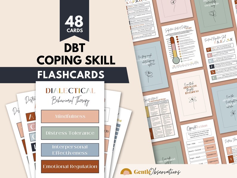 May include: 48 DBT Coping Skill Flashcards with four categories: Mindfulness, Distress Tolerance, Interpersonal Effectiveness, and Emotional Regulation. The cards are in a variety of colors, including peach, green, blue, and brown.
