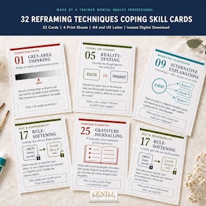May include: A set of 32 reframing techniques coping skill cards featuring instructional text, numbered headers, and diagrams. The cards include titles like Grey-Area Thinking, Reality-Testing, Alternative Explanations, Rule-Softening, and Gratitude Journaling.
