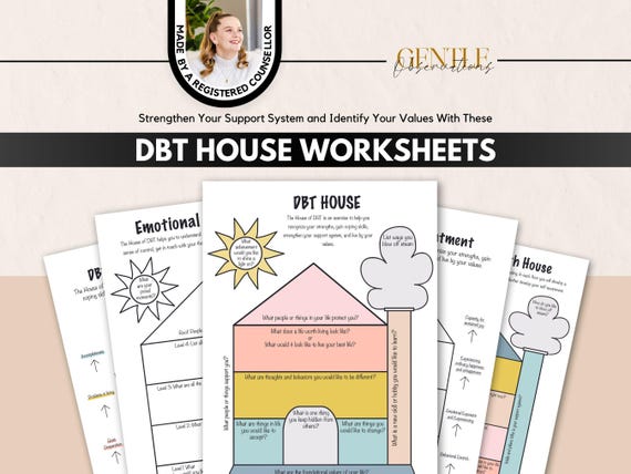 DBT House Worksheets for Self Growth, Self-Esteem Building Growth Mindset, Therapy Office Decor, DBT Skills, Borderline aid, Crisis Plan Aid