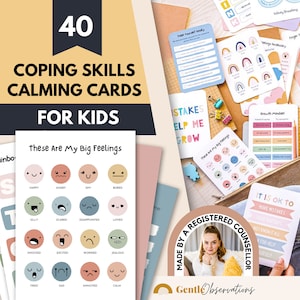 Kids Calm Down Coping Skills Grounding Technique Cards, School Counselor Mindfulness Breathing Gratitude Anxiety Relief Therapy Tool, SEL