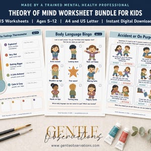 May include: A digital download bundle of 15 educational worksheets titled Theory of Mind Worksheet Bundle for Kids. The pages feature The Feelings Thermometer, Body Language Bingo, and Accident or On Purpose exercises with colourful illustrations.