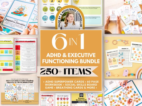ADHD Executive Functioning Worksheet Bundle for Kids, ADHD Planner, ADHD Counseling, Emotional Regulation Coping Skill Cards, Social Skills