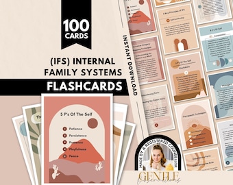 May include: A set of 100 Internal Family Systems flashcards featuring educational text and abstract illustrations in muted earth tones. The cards display concepts like the 5 P's of the Self, 8 C's of Self, and various therapeutic techniques.