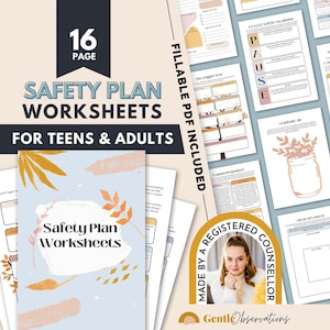 May include: A 16-page set of fillable PDF safety plan worksheets for teens and adults, featuring a light blue cover with orange leaf illustrations and the text Safety Plan Worksheets. Includes various tracking forms, a gratitude jar, and mood tracker.
