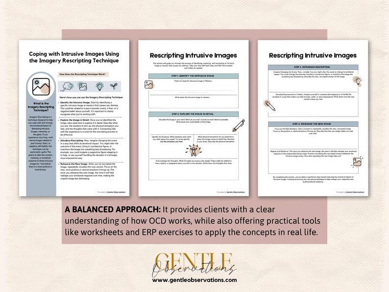 May include: A set of three printable worksheets for coping with intrusive images using the Imagery Rescripting Technique. The worksheets are titled "Coping with Intrusive Images Using the Imagery Rescripting Technique", "Rescripting Intrusive Images", and "Rescripting Intrusive Images".