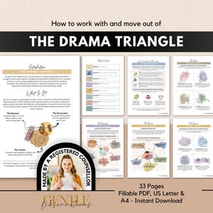 May include: A 33-page digital workbook titled How to work with and move out of THE DRAMA TRIANGLE. The document includes an introduction, table of contents, and various pages detailing psychological roles, featuring text, diagrams, and watercolor illustrations.