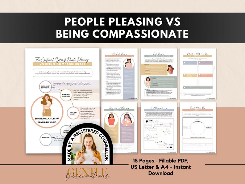 The image is a promotional material for a course titled "People Pleasing vs Being Compassionate". It features a collage of images related to the course, including a diagram, a woman's face, and a woman's body. The text on the image indicates that the course is available in a fillable PDF format, and it includes a US Letter and A4 Instant download.