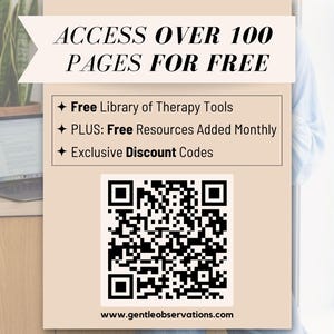 The image is an advertisement for a website that offers access to over 100 pages for free, including a free library of therapy tools and additional resources added monthly. The website also provides exclusive discount codes.