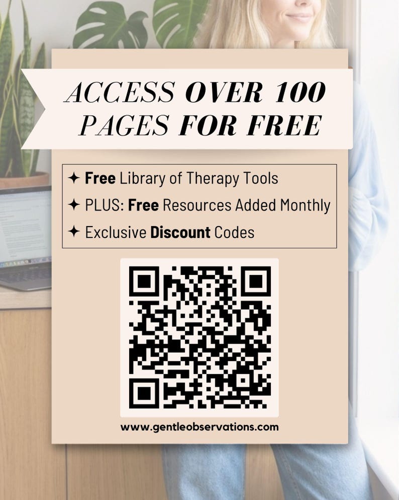 The image is an advertisement for a website that offers access to over 100 pages for free, including a free library of therapy tools and additional resources added monthly. The website also provides exclusive discount codes.