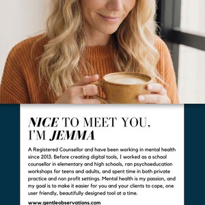A woman with blonde hair is smiling and holding a cup of coffee, with text overlaying the image.