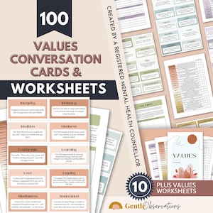 May include: A set of 100 values conversation cards and 10 worksheets featuring pastel-colored rectangular cards with text definitions for concepts like integrity, intimacy, and kindness, alongside printed pages with grids and lists for self-reflection.