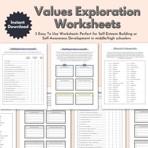 Self-Esteem Building Worksheets, Values Exploration (Digital Download)