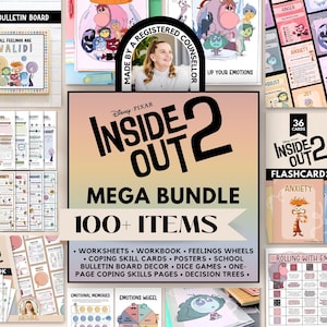 May include: A digital Inside Out 2 mega bundle featuring over 100 items including worksheets, workbooks, feelings wheels, coping skill cards, posters, bulletin board decor, dice games, and decision trees with colorful character illustrations.