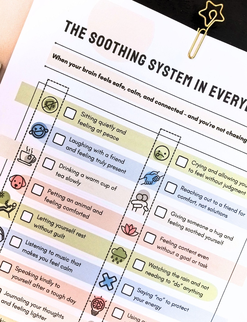 The image is a printed worksheet titled "THE SOBOTICS SELF-CARE SYSTEM IN EVERYDAY LIFE" with a list of self-care activities and checkboxes for each.