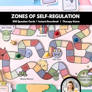 May include: A colorful board game titled "ZONES OF SELF-REGULATION" with the text "300 Question Cards | Instant Download | Therapy Game." The game board features various zones with cartoon characters and dice. Additional cards and a pencil are also visible.