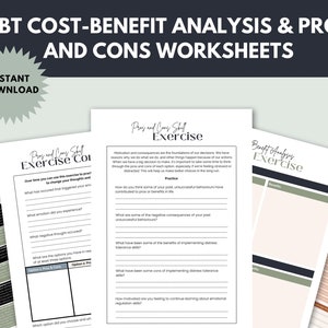 May include: Printable DBT worksheets for cost-benefit analysis, pros and cons exercises, and distress tolerance. The worksheets have a minimalist design, with a neutral colour palette and clear text. The words "Instant Download" are also visible.