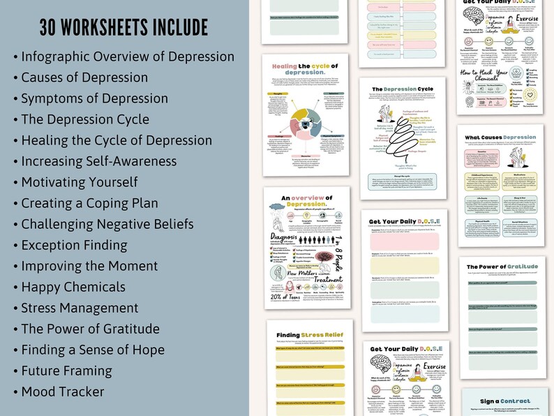 Cuaderno de ejercicios para la depresión, Hojas de trabajo sobre la espiral de la depresión, Desarrollo de la autoestima, Hojas de terapia, Alivio de la ansiedad, TCC, Habilidades de afrontamiento de la TCD, Crecimiento imagen 5