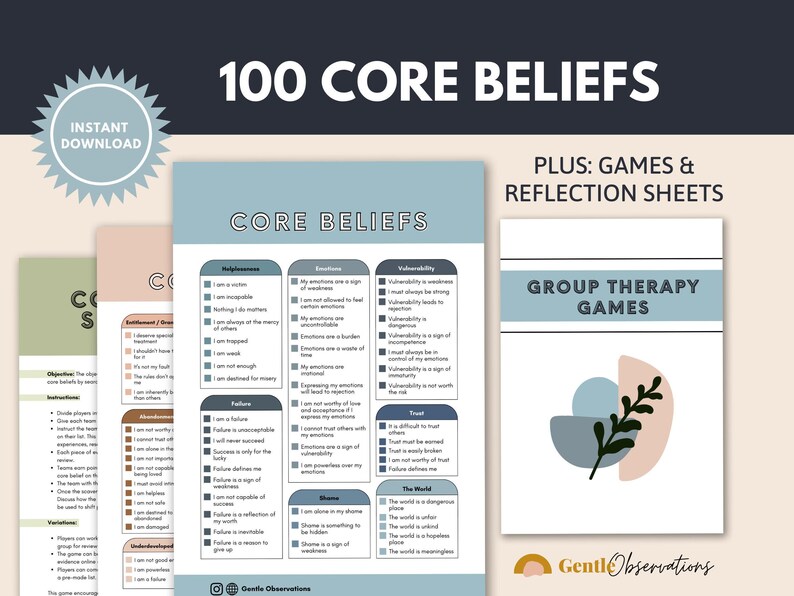 Core Beliefs Sheets, Private Practice Sheets, Emotional Regulation Tool, CBT Worksheets, Group Therapy Games, Core Values Therapy Sheets image 4