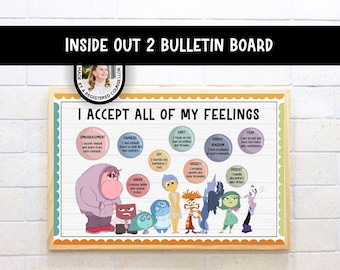 May include: A rectangular bulletin board titled I ACCEPT ALL OF MY FEELINGS featuring Inside Out 2 characters and colorful circular text bubbles with affirmations for emotions like Embarrassment, Sadness, Joy, Envy, Ennui, Fear, Anger, Anxiety, and Disgust.