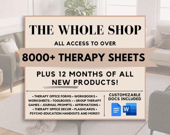 Whole Shop Mega Bundle, Trauma, Anxiety, Depression, Somatic Therapy, IFS, Polyvagal, DBT, Self-Care, ADHD, Schema Therapy Worksheets & More