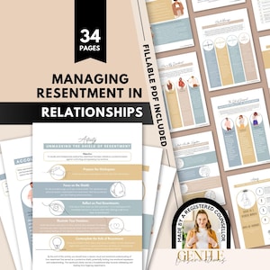 May include: A 34-page digital workbook titled Managing Resentment in Relationships, featuring fillable PDF pages with soft-toned layouts, line art illustrations, and structured sections for self-reflection, emotional exercises, and counseling guidance.