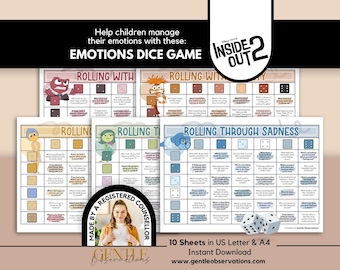 May include: A set of Inside Out 2 Emotions Dice Game activity sheets featuring character illustrations, grid-based prompts for emotional regulation, and two white dice. The text includes Help children manage their emotions with these: EMOTIONS DICE GAME.