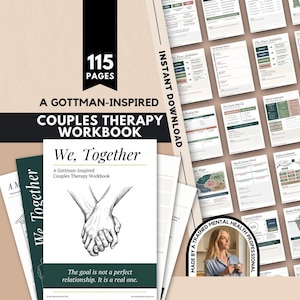 Puede incluir: Un libro de ejercicios de terapia de pareja inspirado en Gottman de 115 páginas titulado We, Together. La portada presenta una ilustración en blanco y negro de dos manos entrelazadas, con el texto: The goal is not a perfect relationship.