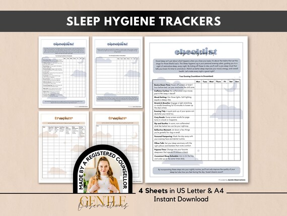 Sleep Hygiene Trackers for Better Sleep, Sleep Hygiene Journals, Improving Your Sleep Cycle, Self-Care Insomnia Worksheets, Therapy Sheets