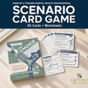 May include: A scenario card game titled The Choice, designed for grades 9-12, featuring 60 cards and worksheets. The box and cards are white, blue, and sage green with geometric graphics, text prompts, and decision-making pathways for reflection.