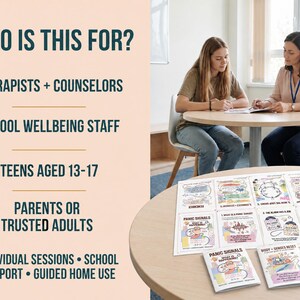K&ouml;nnte beinhalten: Ein Set aus p&auml;dagogischen Materialien zur psychischen Gesundheit mit illustrierten Karten und Brosch&uuml;ren zu Paniksignalen und K&ouml;rperwahrnehmung. Der Text lautet: WHO IS THIS FOR? THERAPISTS + COUNSELORS, SCHOOL WELLBEING STAFF, TEENS AGED 13-17, PARENTS OR TRUSTED ADULTS, INDIVIDUAL SESSIONS, SCHOOL SUPPORT, GUIDED HOME USE.