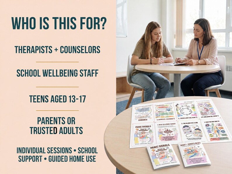 K&ouml;nnte beinhalten: Ein Set aus p&auml;dagogischen Materialien zur psychischen Gesundheit mit illustrierten Karten und Brosch&uuml;ren zu Paniksignalen und K&ouml;rperwahrnehmung. Der Text lautet: WHO IS THIS FOR? THERAPISTS + COUNSELORS, SCHOOL WELLBEING STAFF, TEENS AGED 13-17, PARENTS OR TRUSTED ADULTS, INDIVIDUAL SESSIONS, SCHOOL SUPPORT, GUIDED HOME USE.