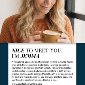 A woman with blonde hair is smiling and holding a cup of coffee, with text overlaying the image.