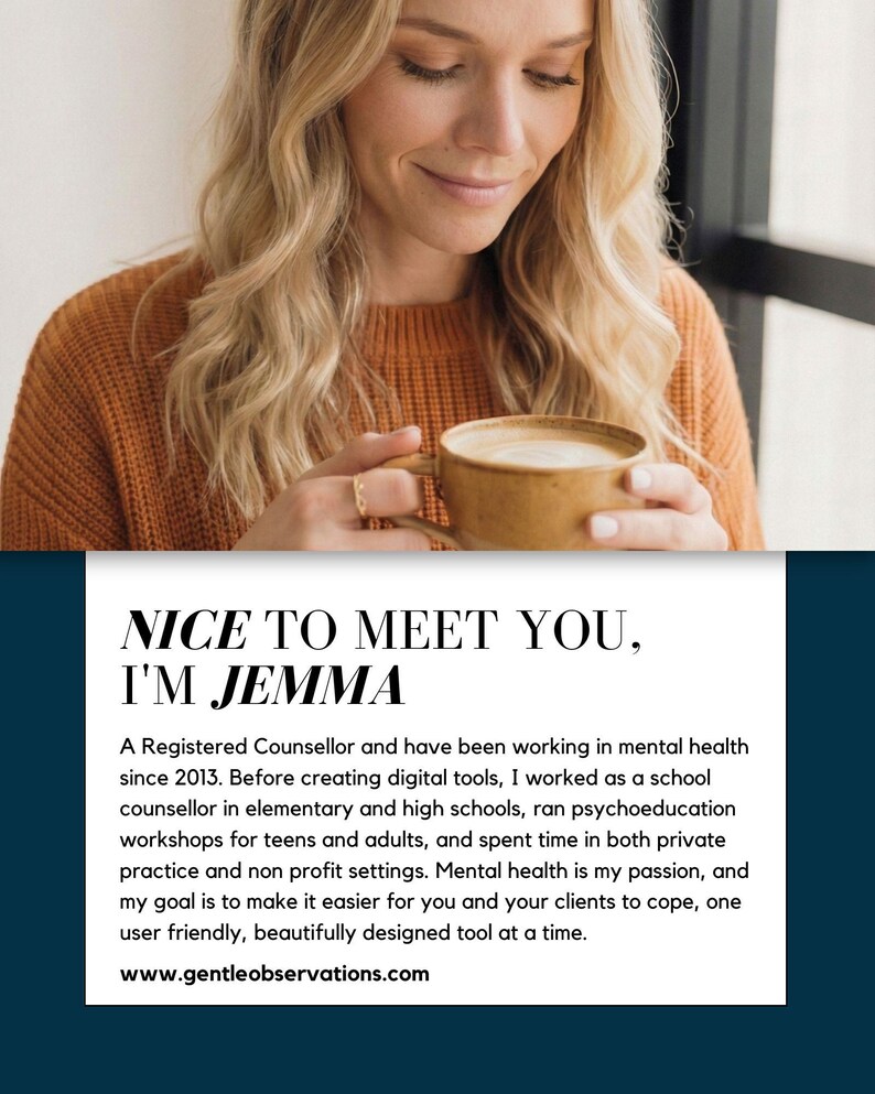 A woman with blonde hair is smiling and holding a cup of coffee, with text overlaying the image.