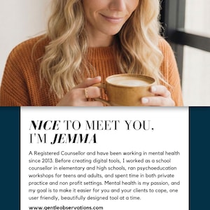 A woman with blonde hair is smiling and holding a cup of coffee, with text overlaying the image.
