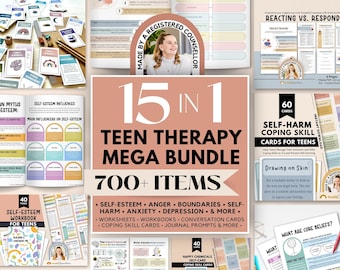 Teen Therapy Mega Bundle, Depression Sheets, Anger Management, Self-Harm Coping Skill Cards, Boundaries Workbook, Self-Esteem Workbook, SEL