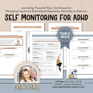 Può includere: Un set di fogli di lavoro stampabili intitolati Self Monitoring for ADHD, che presentano tecniche per gestire l'impulsività e la consapevolezza emotiva. Le pagine includono registri di situazioni e guide pratiche per adolescenti e adulti.