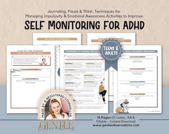 Self-Monitoring Executive Functioning Worksheets for Teens & Adults: Emotional Control, Impulse Control,  ADHD Worksheets, ADHD Journal Tool