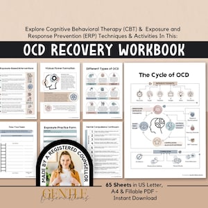 May include: An OCD Recovery Workbook with the title "OCD RECOVERY WORKBOOK" in large, bold letters. The workbook includes pages with diagrams and text about Cognitive Behavioral Therapy (CBT) and Exposure and Response Prevention (ERP) techniques. The workbook is available in US Letter and A4 sizes.