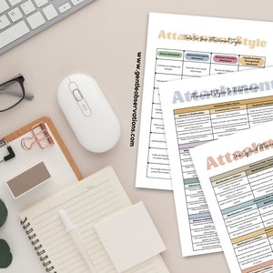May include: A set of three printable worksheets on attachment styles in relationships. The worksheets are titled "Tools for Your Attachment Style", "Attachment Styles in Relationships", and "The Cycle of Attachment". Each worksheet features a table with different attachment styles and their characteristics.