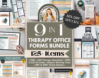 Therapy Office Forms Bundle (50% OFF), Therapy Interventions, Mental Status Exam, Core Beliefs, DSM ICD-10 Codes, Therapy Question Prompts