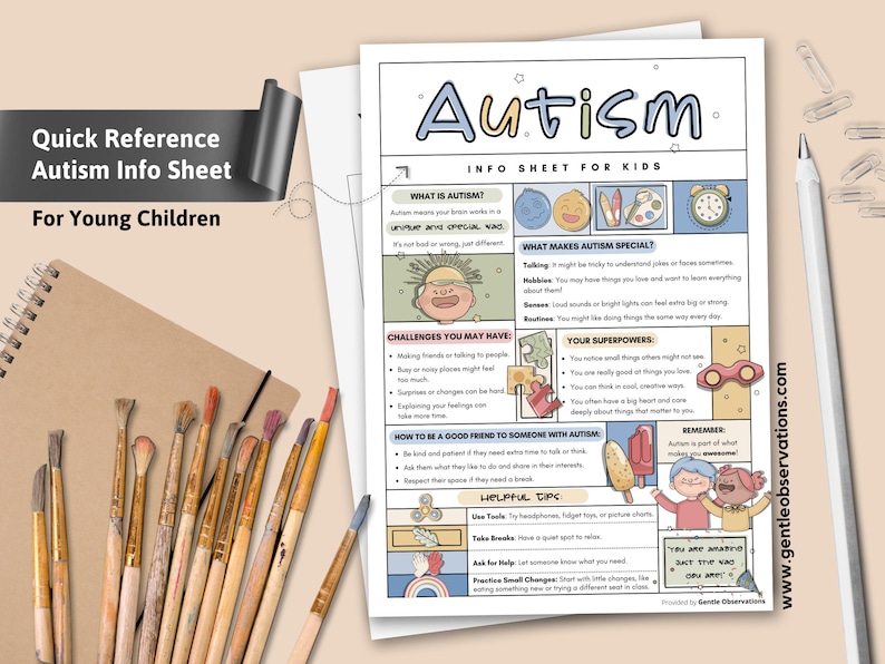 May include: A colorful infographic titled "Autism Info Sheet for Kids" with illustrations of children and helpful tips for understanding and interacting with autistic children. The sheet includes information about what autism is, what makes autism special, challenges autistic children may have, their superpowers, and how to be a good friend to someone with autism.