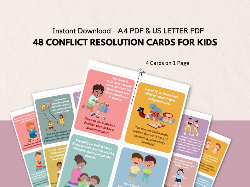 Tarjetas didácticas de resolución de conflictos para el desarrollo de habilidades sociales infantiles, herramienta de justicia restaurativa para consejeros escolares, tarjetas de aprendizaje socioemocional (SEL) para maestros de escuela. imagen 7