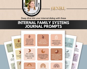 May include: A set of Internal Family Systems journal prompt cards featuring various pastel-colored squares with icons and text. The cards are arranged in a fan shape, displaying questions about parts, exiles, and the Self, with the title text clearly visible.