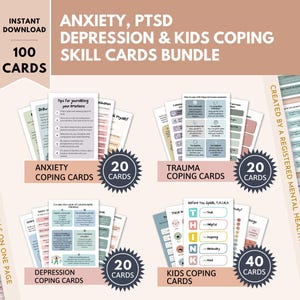Anxiety, Depression, PTSD/Trauma and Kids Coping Skills Cards Bundle, DBT Skills, CBT Techniques, Breathing Scripts, Cognitive Distortions image 1