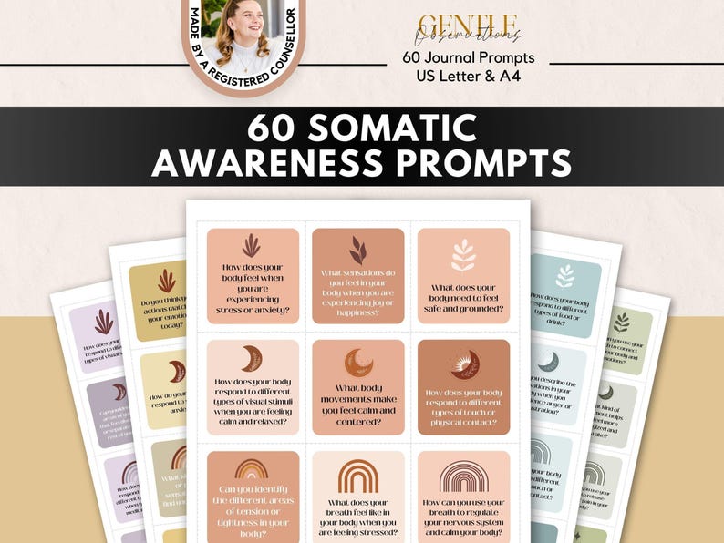 Somatic Awareness Journal Prompts, PTSD Therapy Cards (Digital Download) image 1