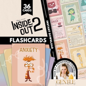 May include: A set of 36 Disney Pixar Inside Out 2 flashcards featuring various character illustrations and coping strategies. The cards include titles like Anxiety, Joy, Ennui, and Disgust, with text instructions for emotional regulation and mental health support.