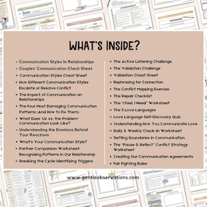 May include: Digital download of relationship communication guides and worksheets. The image shows a central panel with the text "WHAT'S INSIDE?" listing topics such as conflict resolution, love languages, and setting boundaries.