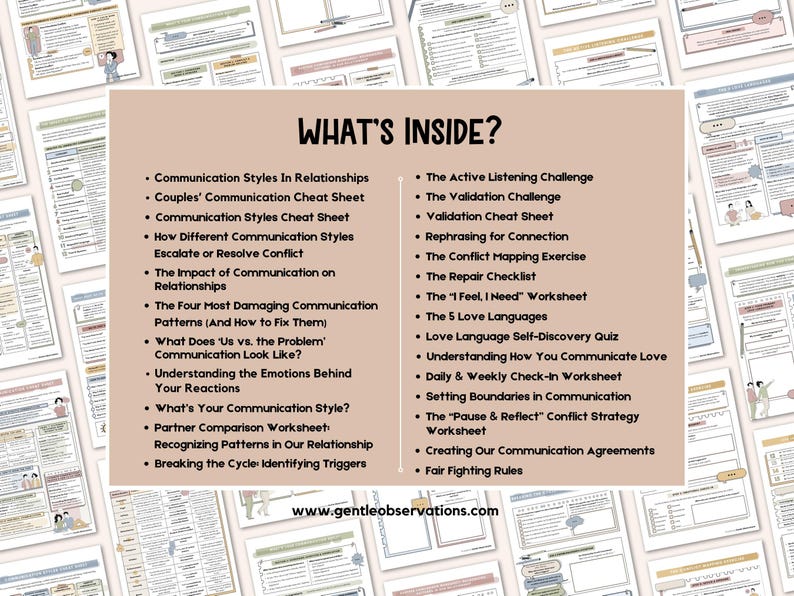 May include: Digital download of relationship communication guides and worksheets. The image shows a central panel with the text "WHAT'S INSIDE?" listing topics such as conflict resolution, love languages, and setting boundaries.
