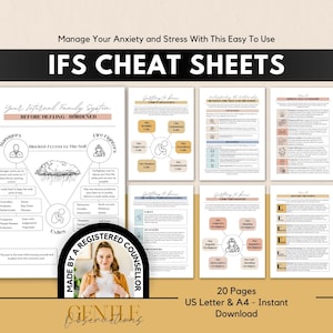 Könnte beinhalten: Ein Set aus 20 druckbaren IFS-Spickzetteln auf weißem Papier mit schwarzem Text und Diagrammen. Die Seiten enthalten Überschriften wie Manage Your Anxiety and Stress With This Easy To Use IFS CHEAT SHEETS und Getting to Know.
