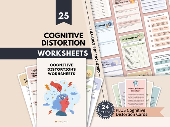 Cognitive Distortion Worksheets, Thinking Errors Flashcards, Unhelpful Thinking Patterns Workbook, CBT Worksheets, CBT Therapy, Anxiety Tool